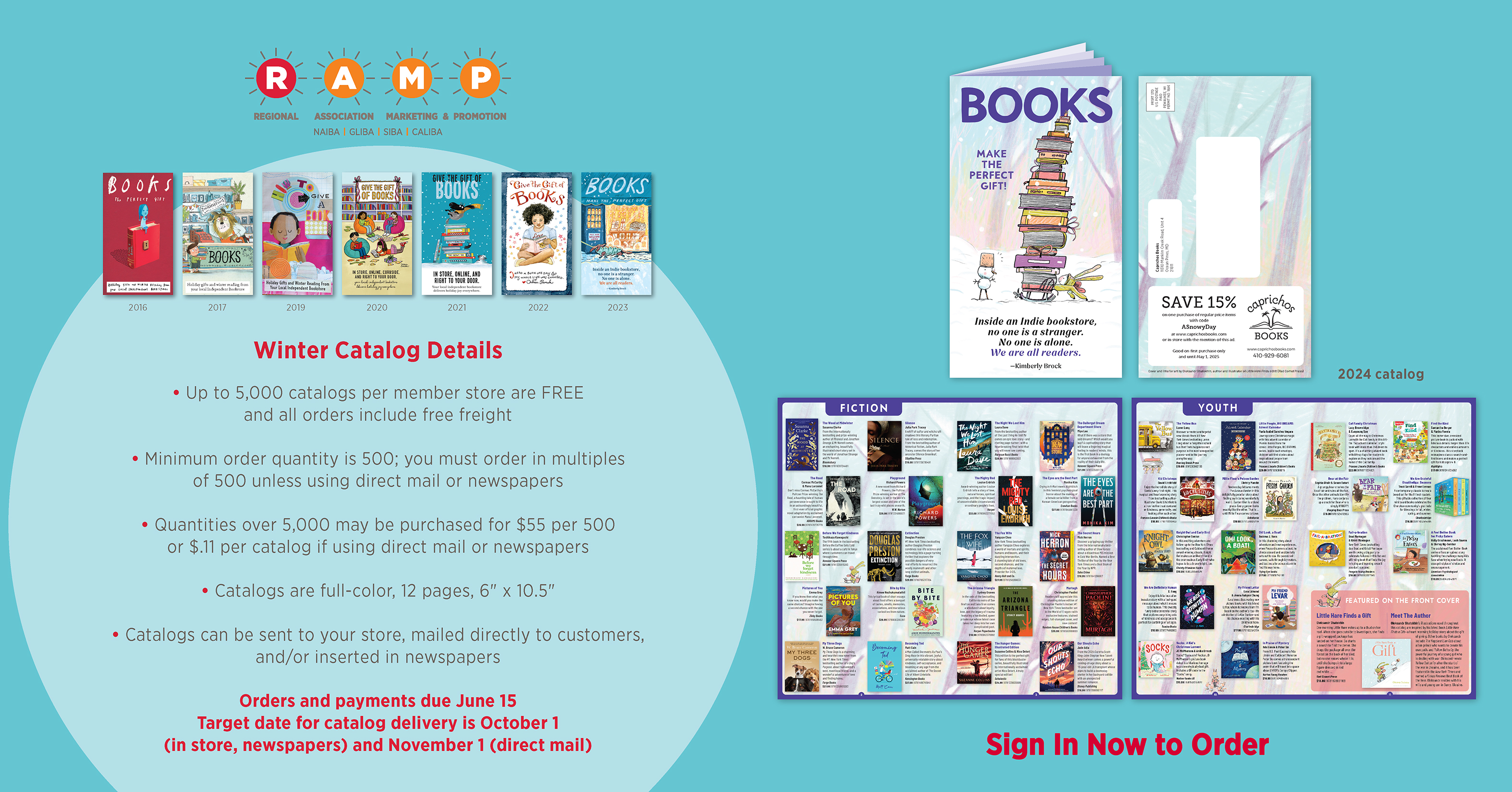 Winter Catalog Details. Up to 5000 catalogs per member store for free, including shipping. Minimum order quantity is 500, in quantities of 500 unless ordering direct mail or newspaper insertions. Quantities over 5000 may be purchased for $55 per 500, or eleven cents per piece for mail or newspapers. Catalogs are full-color, 12 pages, 6 by 10.5 inches. Catalogs can be sent to store, direct mailed, and/or inserted in newspapers. Order and payments due by June 15. Target date for catalog delivery is October 1 (store/newspaper) and November 1 (direct mail).
