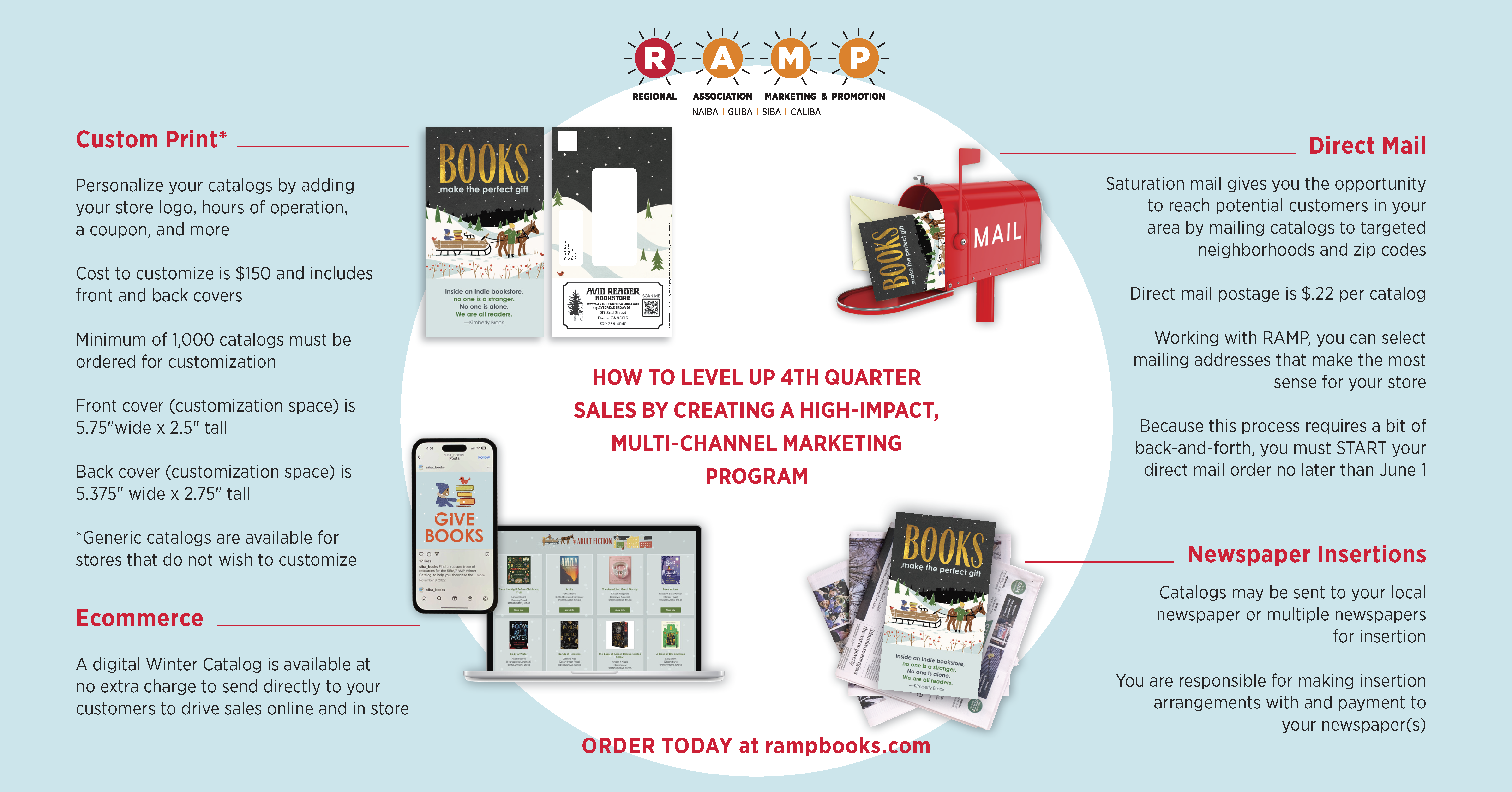 How to Level Up 4th Quarter Sales by Creating a High-Impact, Multi-Channel Marketing Program. Custom Print: Personalize your catalogs by adding your store logo, hours of operation, a coupon, and more. Cost to customize is $150 and includes front and back covers. Minimum of 1,000 catalogs must be ordered for customization. Front cover customization space is 5.75" wide x 2.5" tall. Back cover customization space is 5.375" wide x 2.75" tall. Generic catalogs are available for stores that do not wish to customize. Ecommerce: A digital Winter Catalog is available at no extra charge to send directly to your customers to drive sales online and in store. Direct Mail: Saturation mail gives you the opportunity to reach potential customers in your area by mailing catalogs to targeted neighborhoods and zip codes. Direct mail postage is $.22 per catalog. Working with RAMP, you can select mailing addresses that make the most sense for your store. Because this process requires a bit of back-and-forth, you must START your direct mail order no later than June 1. Newspaper Insertions: Catalogs may be sent to your local newspaper or multiple newspapers for insertion. You are responsible for making insertion arrangements with and payment to your newspaper(s). Order Today at rampbooks.com.